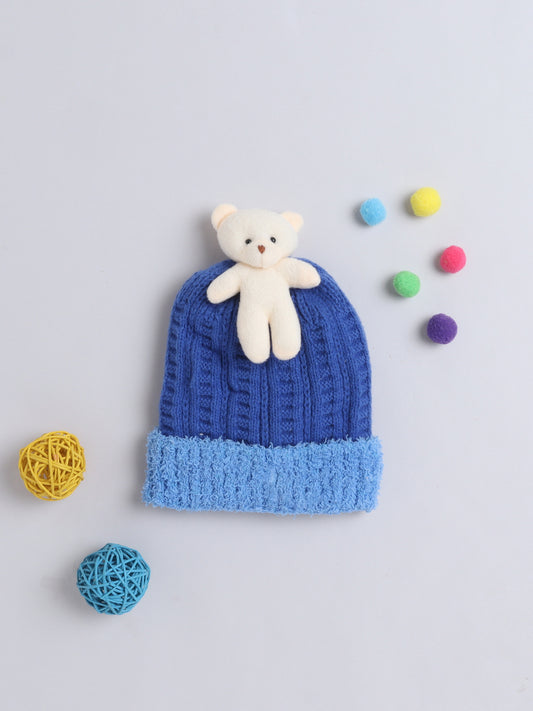 Kids Cute Bear Applique Woolen Cap Blue