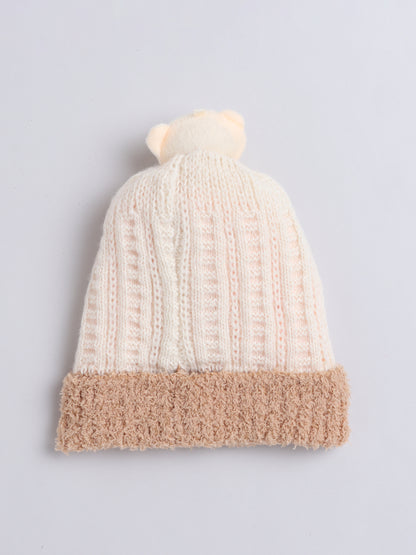 Kids Cute Bear Applique Woolen Cap Off White