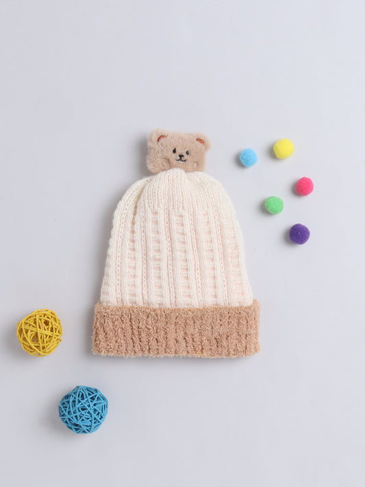 Kids Cute Bear Face Applique Woolen Cap Off White
