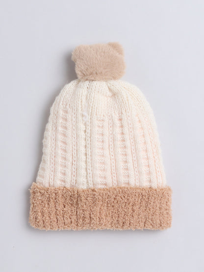 Kids Cute Bear Face Applique Woolen Cap Off White
