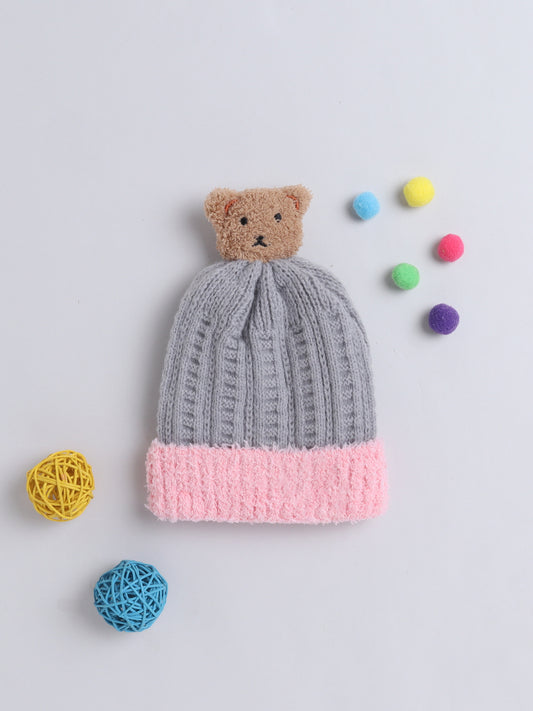 Kids Cute Bear Face Applique Woolen Cap Grey