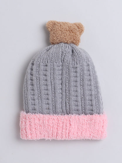 Kids Cute Bear Face Applique Woolen Cap Grey