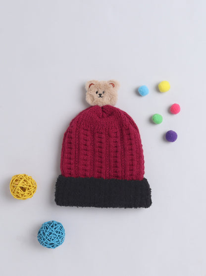 Kids Cute Bear Applique Woolen Cap Maroon