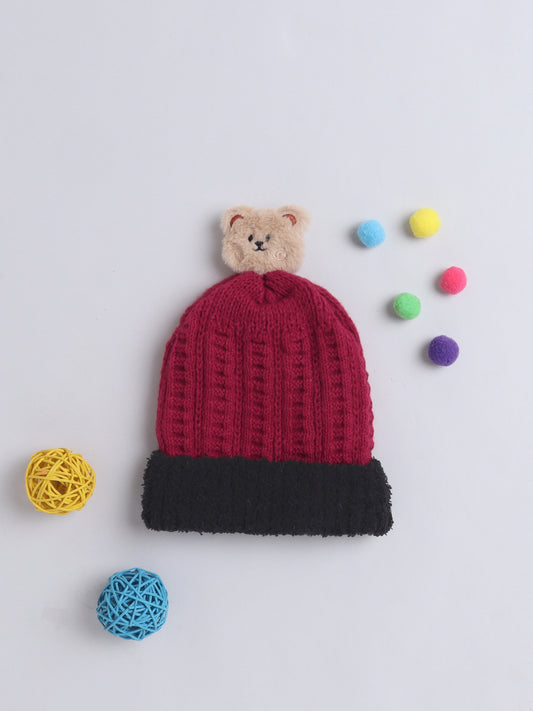 Kids Cute Bear Applique Woolen Cap Maroon