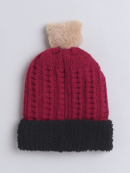 Kids Cute Bear Applique Woolen Cap Maroon