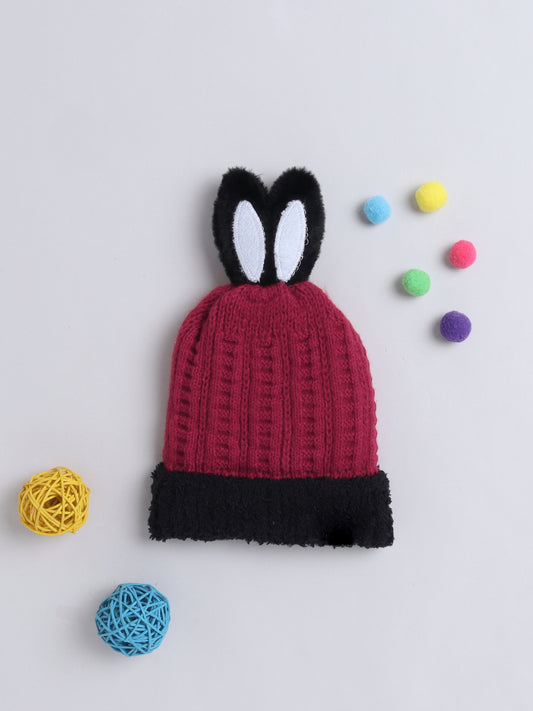 Kids Cute Bunny Ear Applique Woolen Cap Maroon