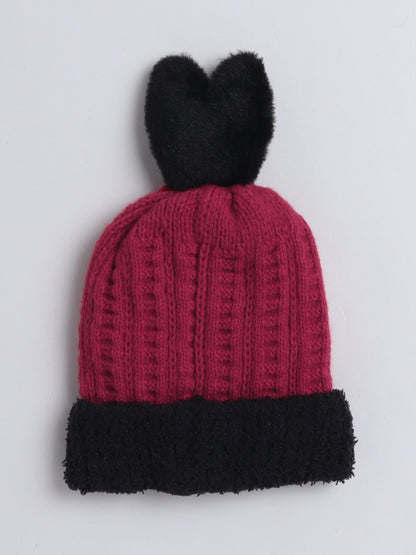 Kids Cute Bunny Ear Applique Woolen Cap Maroon