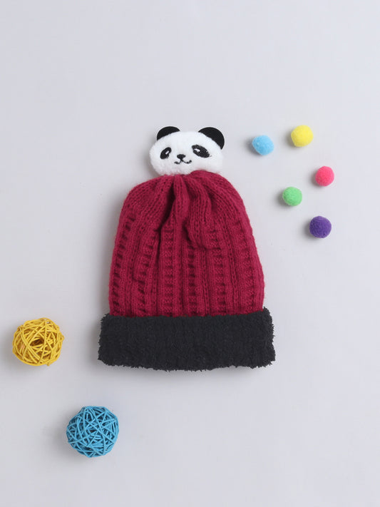 Kids Cute Panda Applique Woolen Cap Maroon