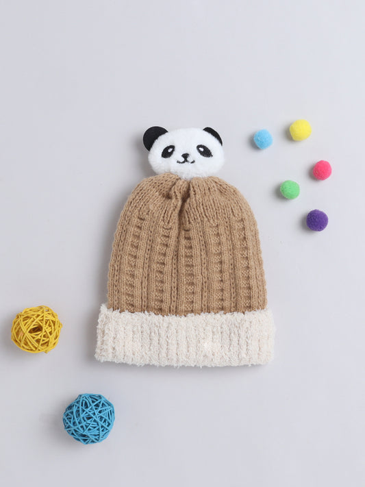 Kids Cute Panda Applique Woolen Cap Brown
