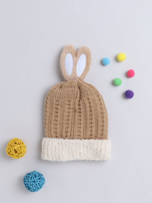 Kids Cute Bunny Ear Applique Woolen Cap Brown