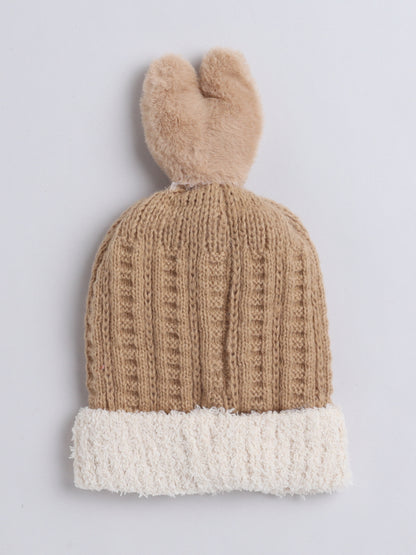 Kids Cute Bunny Ear Applique Woolen Cap Brown