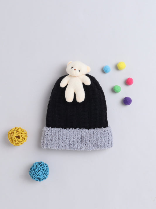 Kids Cute Bear Applique Woolen Cap Black