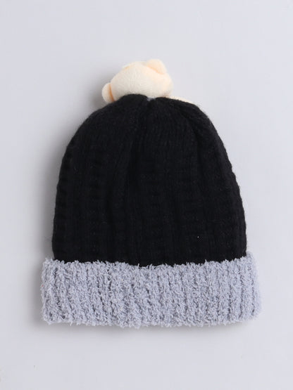 Kids Cute Bear Applique Woolen Cap Black