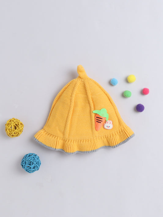 Kids Cute Carrot Applique Woolen Cap With Pom Pom Mustard