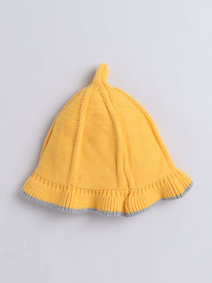 Kids Cute Carrot Applique Woolen Cap With Pom Pom Mustard
