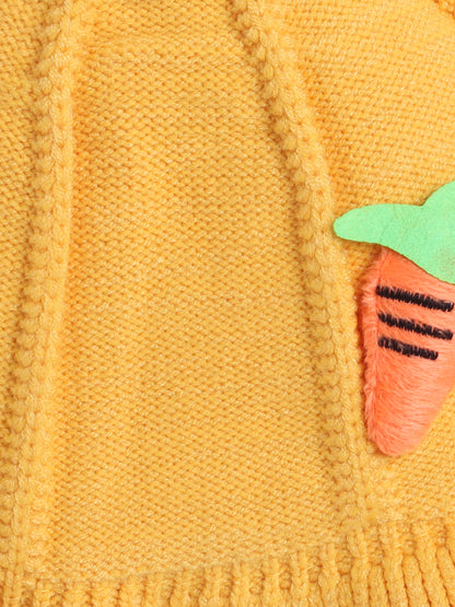 Kids Cute Carrot Applique Woolen Cap With Pom Pom Mustard