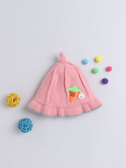 Kids Cute Carrot Applique Woolen Cap With Pom Pom Peach
