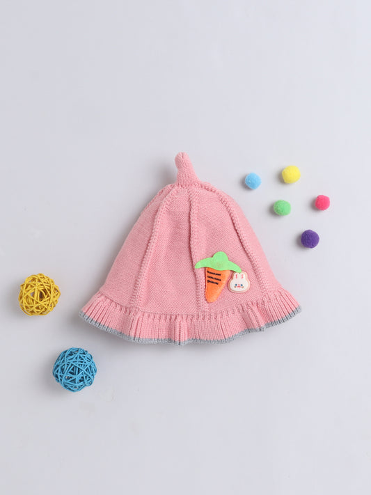 Kids Cute Carrot Applique Woolen Cap With Pom Pom Peach