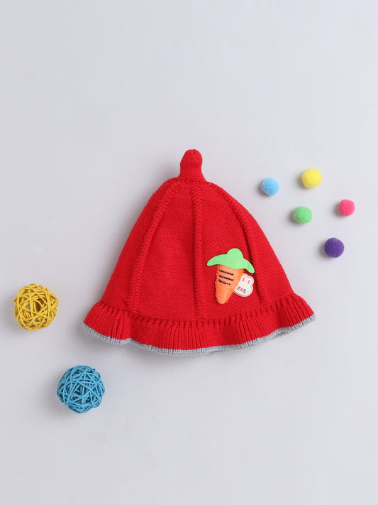 Kids Cute Carrot Applique Woolen Cap With Pom Pom Red