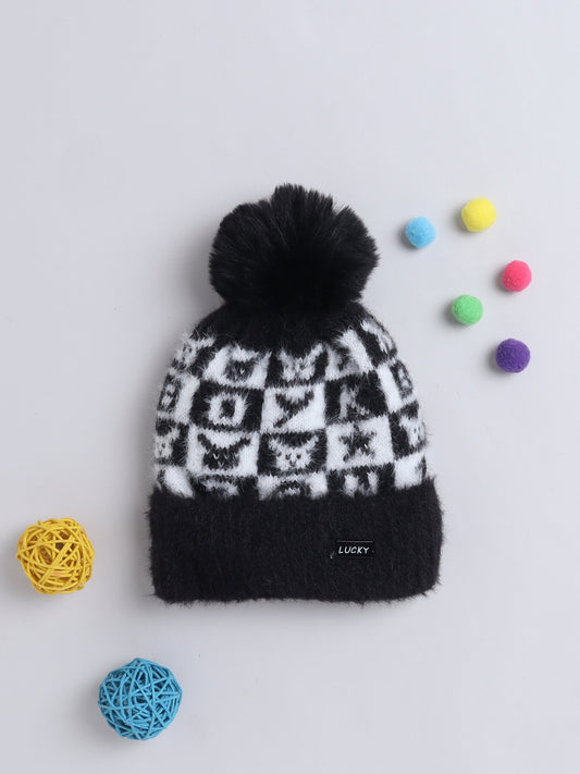 Kids Cute Alphabet Design Woolen Cap With Pom Pom Black