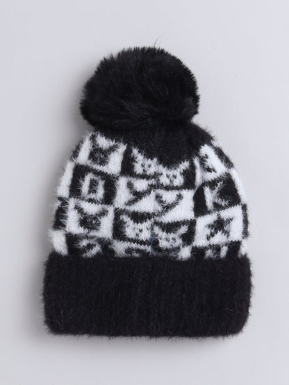 Kids Cute Alphabet Design Woolen Cap With Pom Pom Black