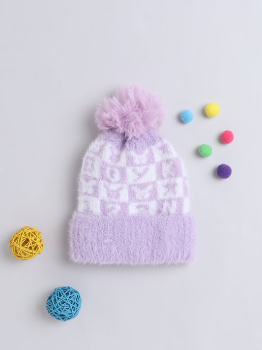 Kids Cute Alphabet Design Woolen Cap With Pom Pom Purple