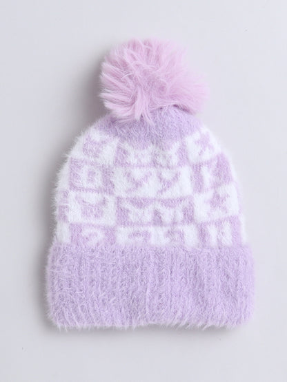 Kids Cute Alphabet Design Woolen Cap With Pom Pom Purple