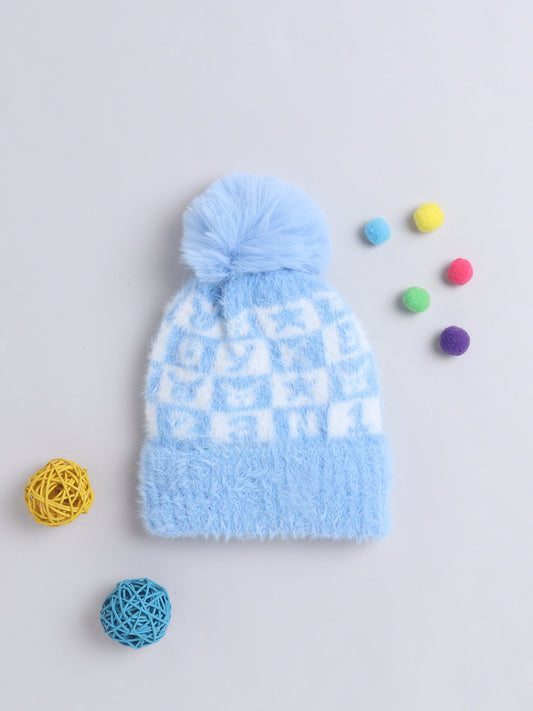 Kids Cute Alphabet Design Woolen Cap With Pom Pom Blue