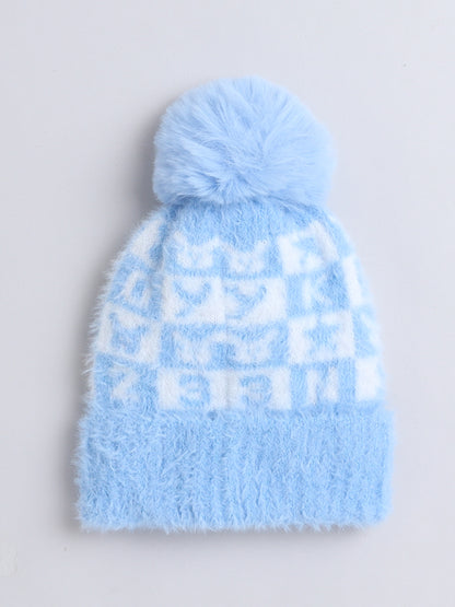 Kids Cute Alphabet Design Woolen Cap With Pom Pom Blue