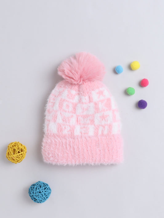 Kids Cute Alphabet Design Woolen Cap With Pom Pom Peach