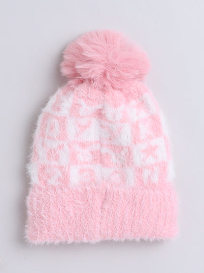Kids Cute Alphabet Design Woolen Cap With Pom Pom Peach