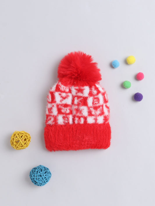 Kids Cute Alphabet Design Woolen Cap With Pom Pom Red