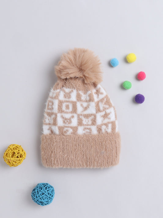 Kids Cute Alphabet Design Woolen Cap With Pom Pom Brown