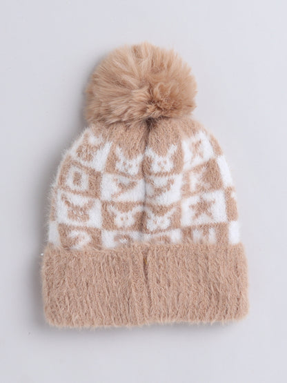 Kids Cute Alphabet Design Woolen Cap With Pom Pom Brown