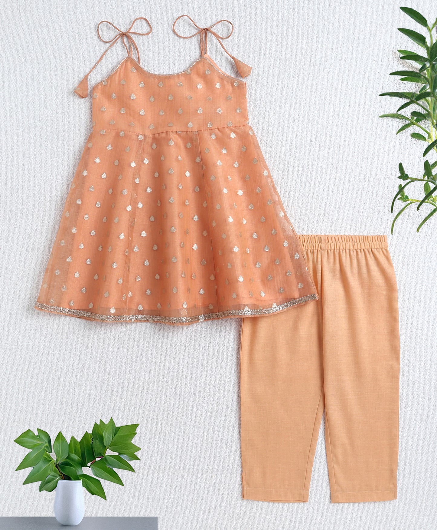 The Magic Wand Woven Shoulder Tie Up AII Over Butti Kurti with Bottom Set Peach