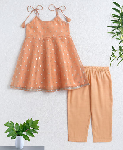 The Magic Wand Woven Shoulder Tie Up AII Over Butti Kurti with Bottom Set Peach