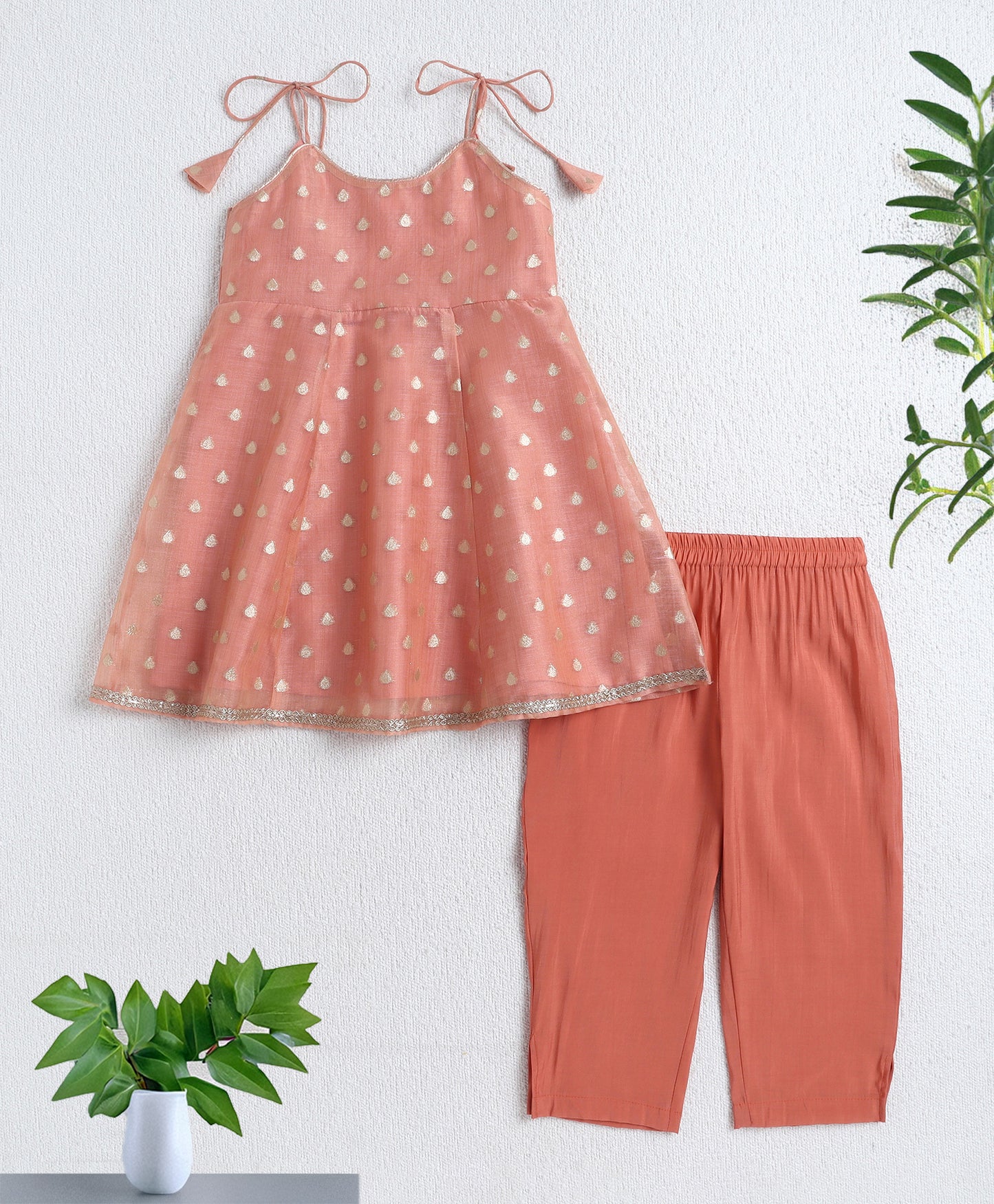 The Magic Wand Woven Shoulder Tie Up AII Over Butti Kurti with Bottom Set Peach (Copy)