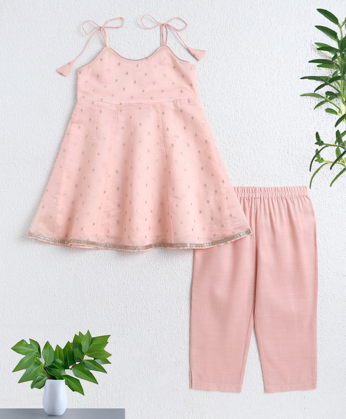 The Magic Wand Woven Shoulder Tie Up AII Over Butti Kurti with Bottom Set Peach