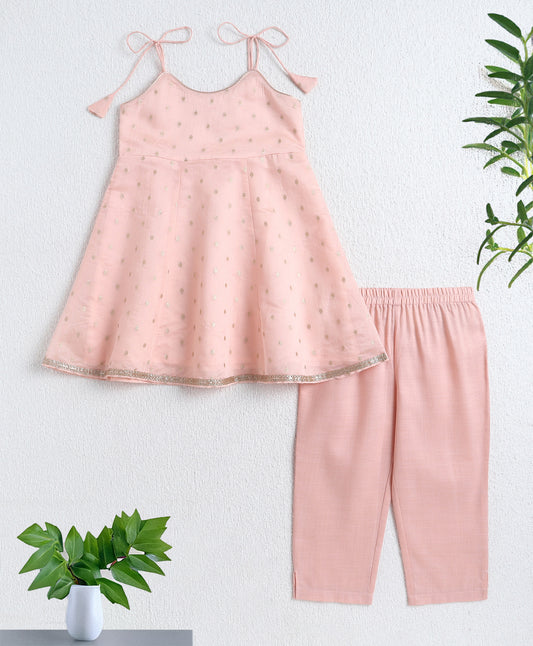 The Magic Wand Woven Shoulder Tie Up AII Over Butti Kurti with Bottom Set Peach