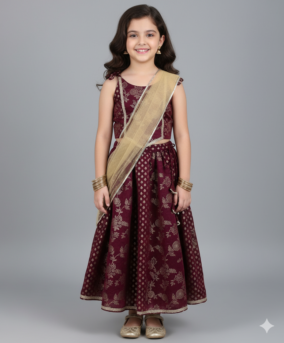 Shoulder Tie Up Foil Printed Trendy Long Yoke Lehenga choli Set with Dupatta- Wine