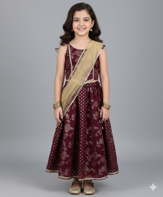 Shoulder Tie Up Foil Printed Trendy Long Yoke Lehenga choli Set with Dupatta- Wine
