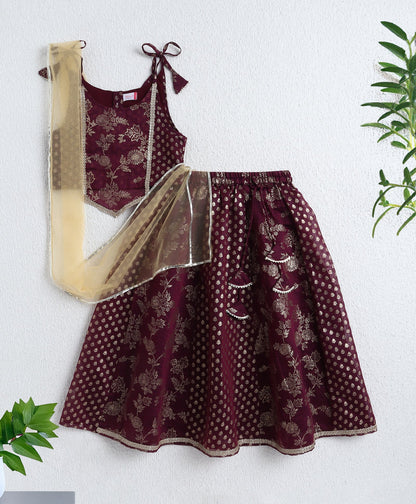 The Magic Wand Woven Shoulder Tie Up Foil Printed Trendy Long Yoke Choli with Lehenga Set with Dupatta- Wine