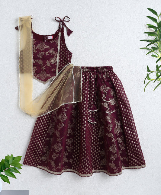 The Magic Wand Woven Shoulder Tie Up Foil Printed Trendy Long Yoke Choli with Lehenga Set with Dupatta- Wine