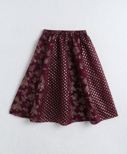 The Magic Wand Woven Shoulder Tie Up Foil Printed Trendy Long Yoke Choli with Lehenga Set with Dupatta- Wine