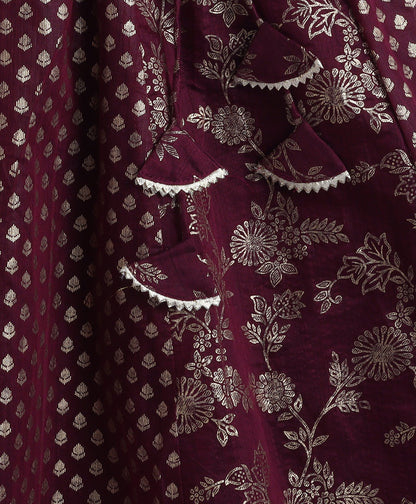 The Magic Wand Woven Shoulder Tie Up Foil Printed Trendy Long Yoke Choli with Lehenga Set with Dupatta- Wine