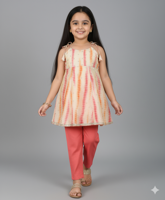 Shoulder Tie up Tie & dye Printed Kurti with Bottom Set- Pink