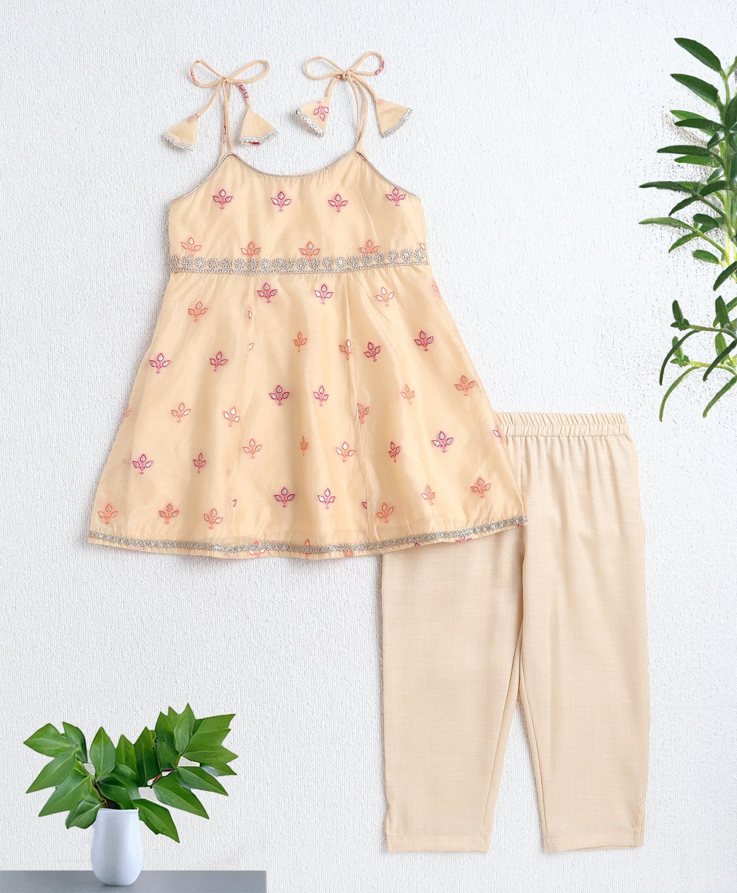Woven Shoulder Tie Up Chanderi Butti Kurti and Bottom Set- Yellow