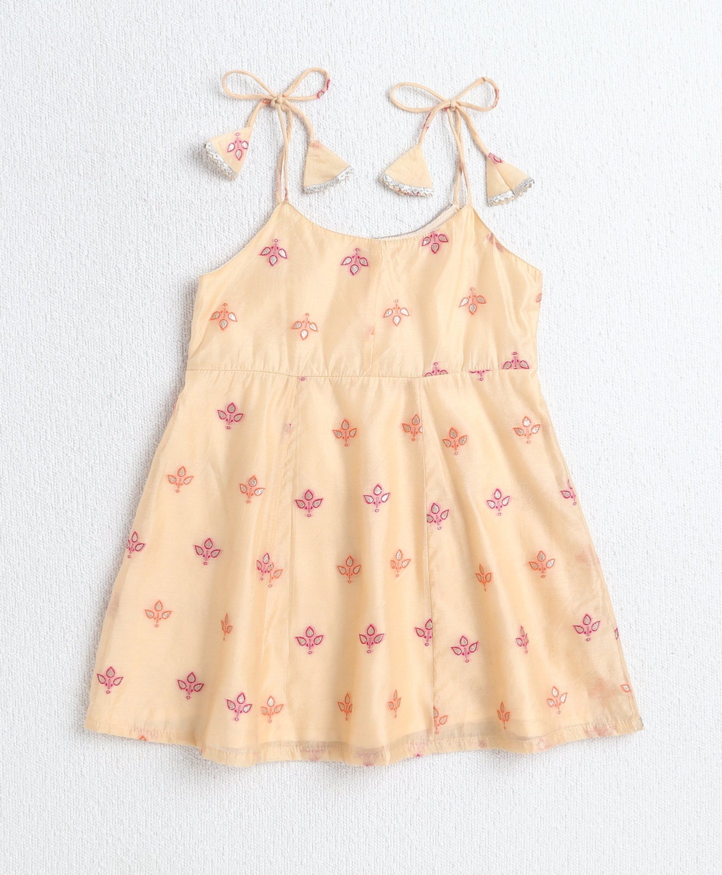 Woven Shoulder Tie Up Chanderi Butti Kurti and Bottom Set- Yellow