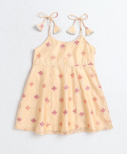 Woven Shoulder Tie Up Chanderi Butti Kurti and Bottom Set- Yellow