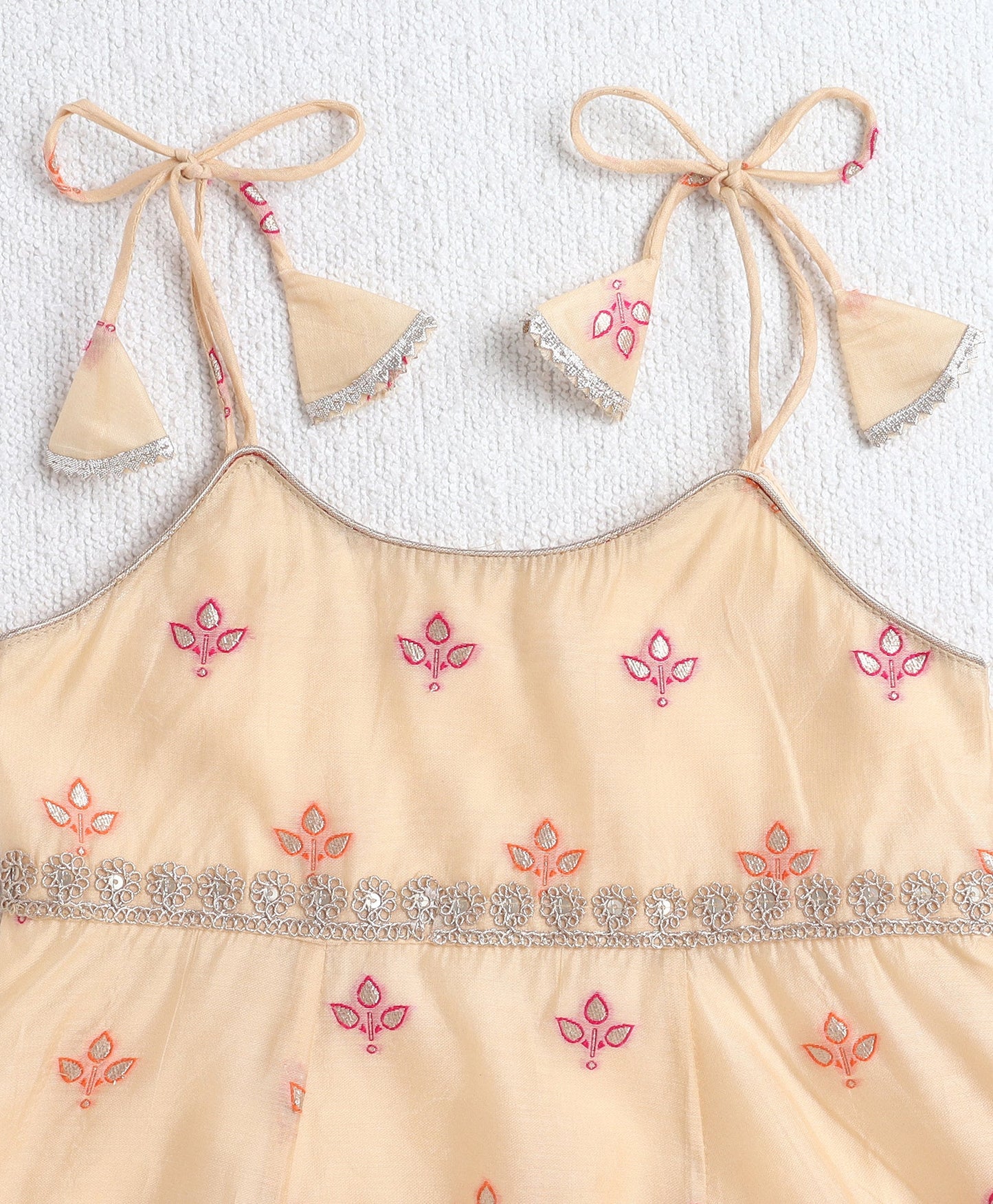 Woven Shoulder Tie Up Chanderi Butti Kurti and Bottom Set- Yellow